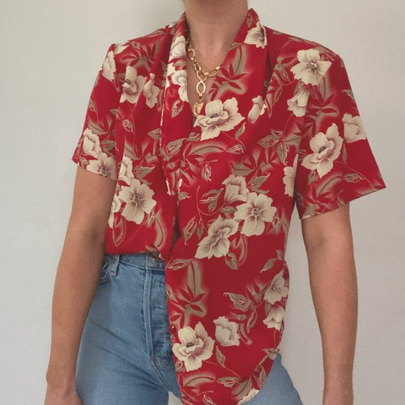 Vintage Red Floral Short Sleeve Blouse - Picture 3 of 7